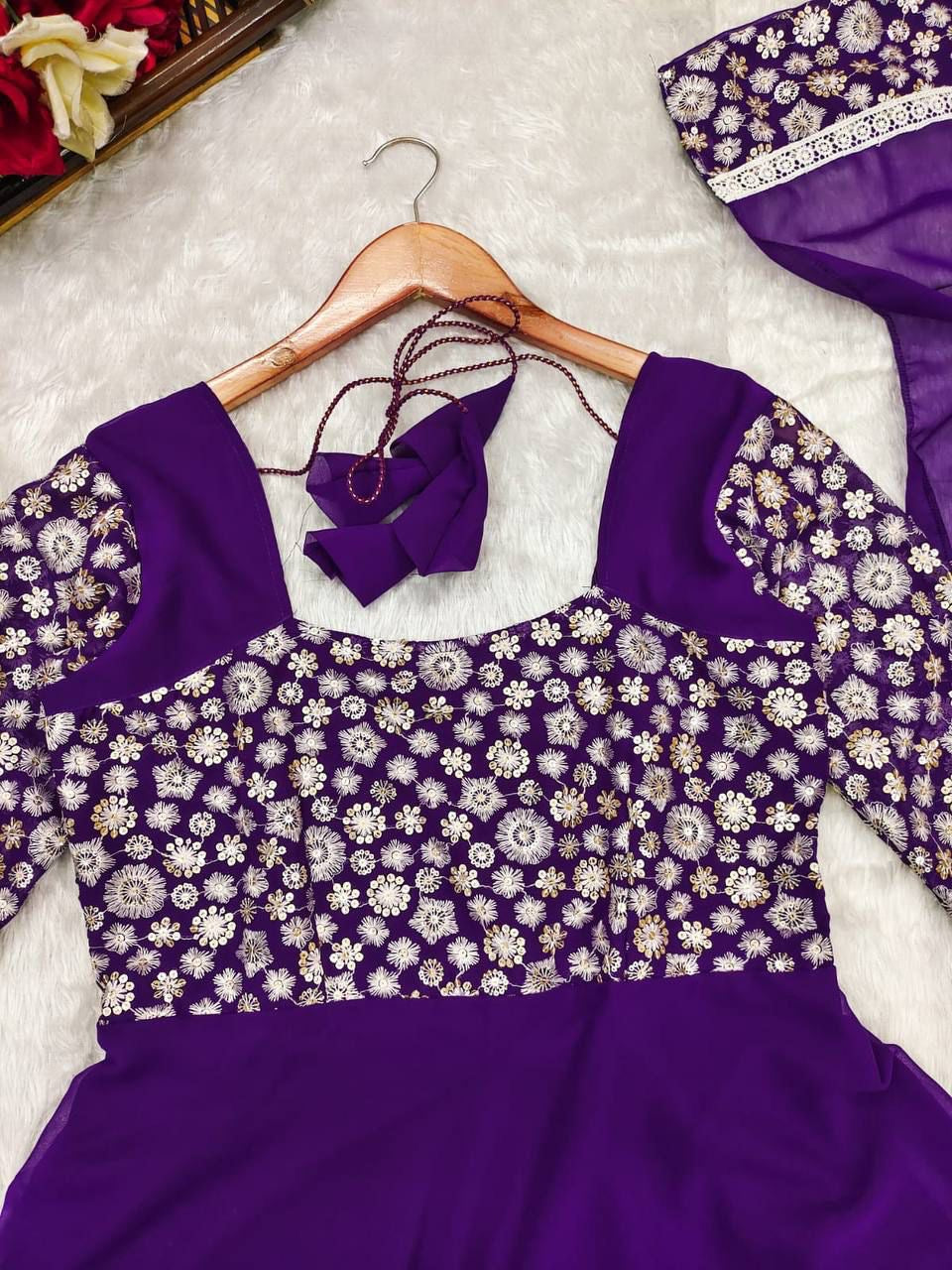 Premium Georgette Ivory Purple Suit