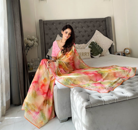 Soft Rangoli Silk Saree with Prism Prints and Embroidery