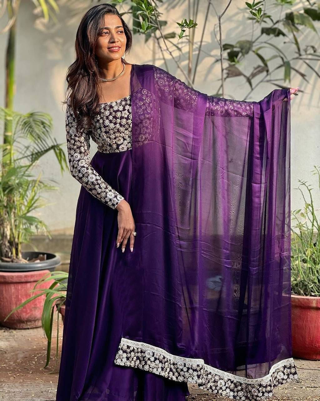 Premium Georgette Ivory Purple Suit