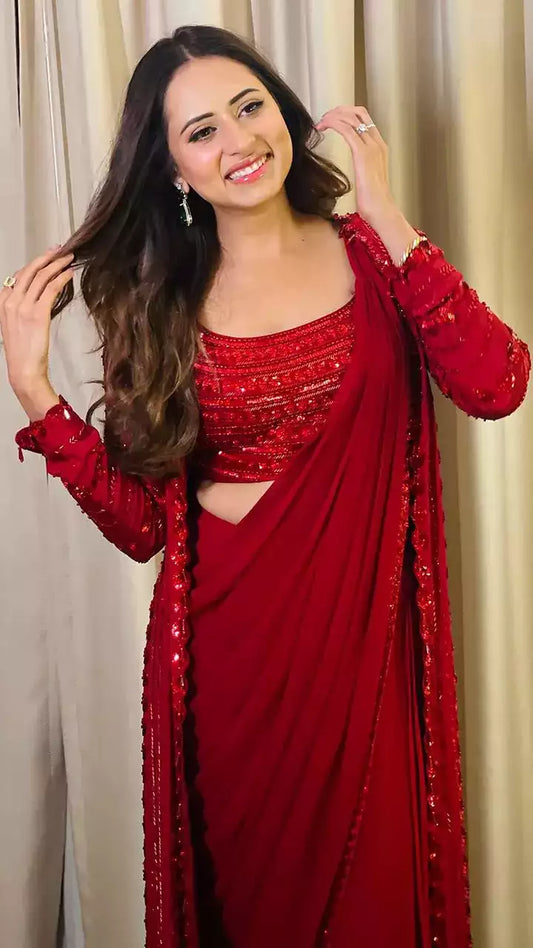 Celebrity Inspired Red Faux Georgette Saree