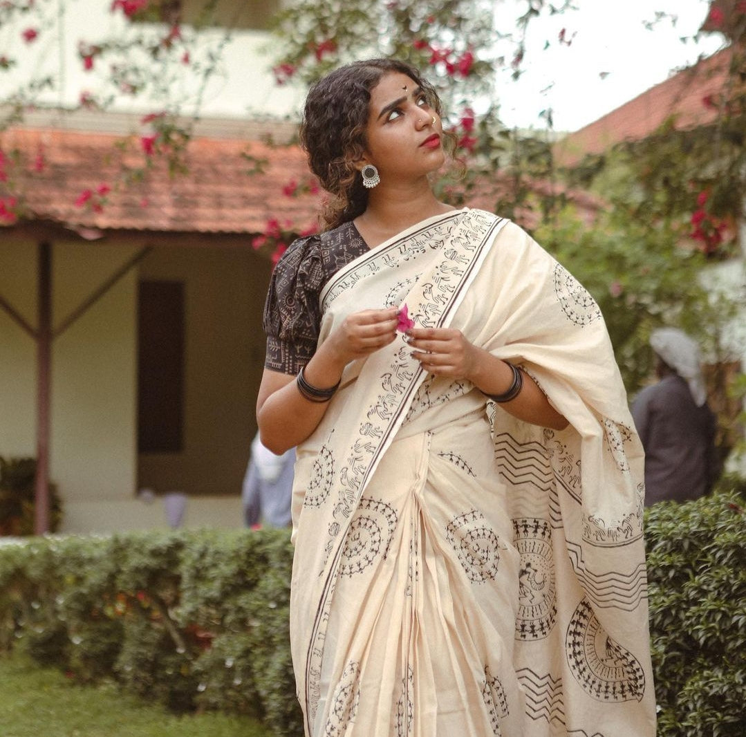 South Indian Cotton Hand-Printed saree