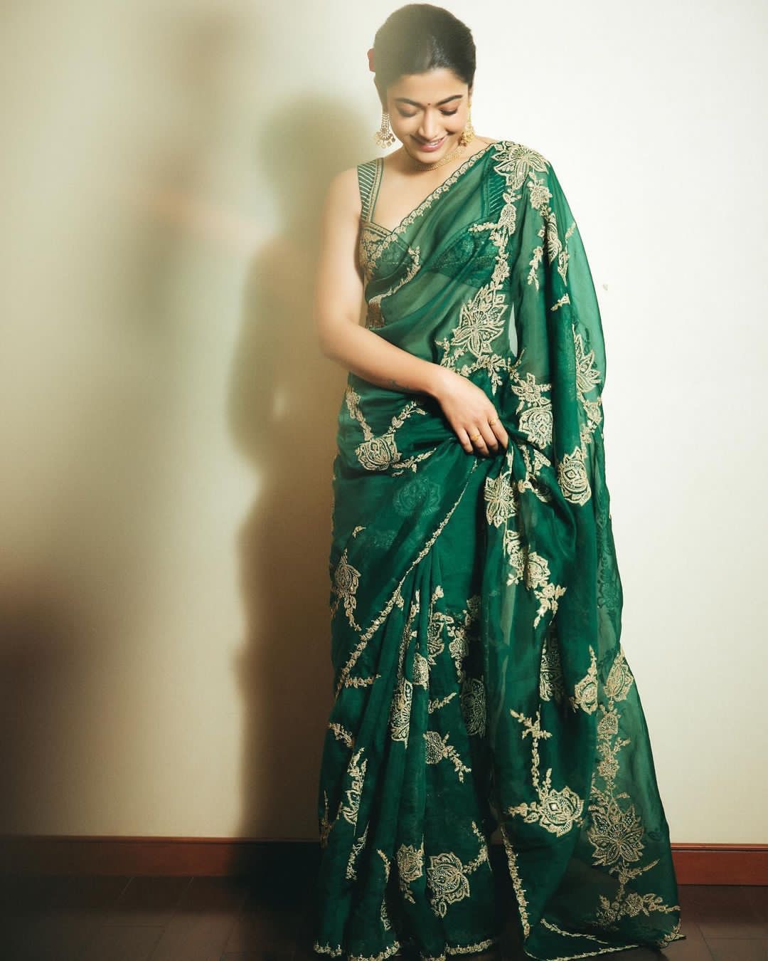 Trending Bollywood Star Rashmika Mandanna Inspired Green Organza Sequence Saree