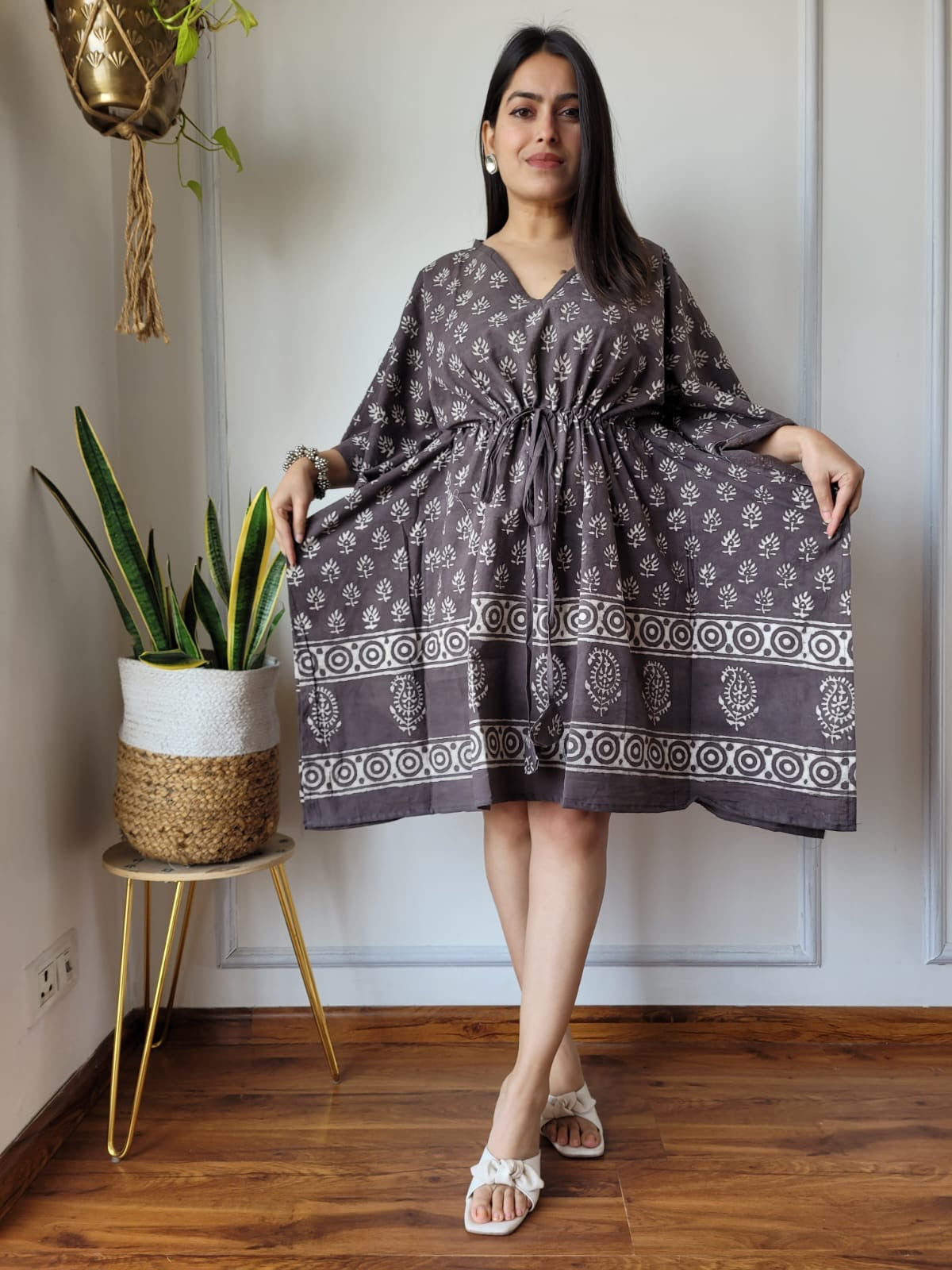 Hand Block Printed Free-Size Short Kaftan Dress