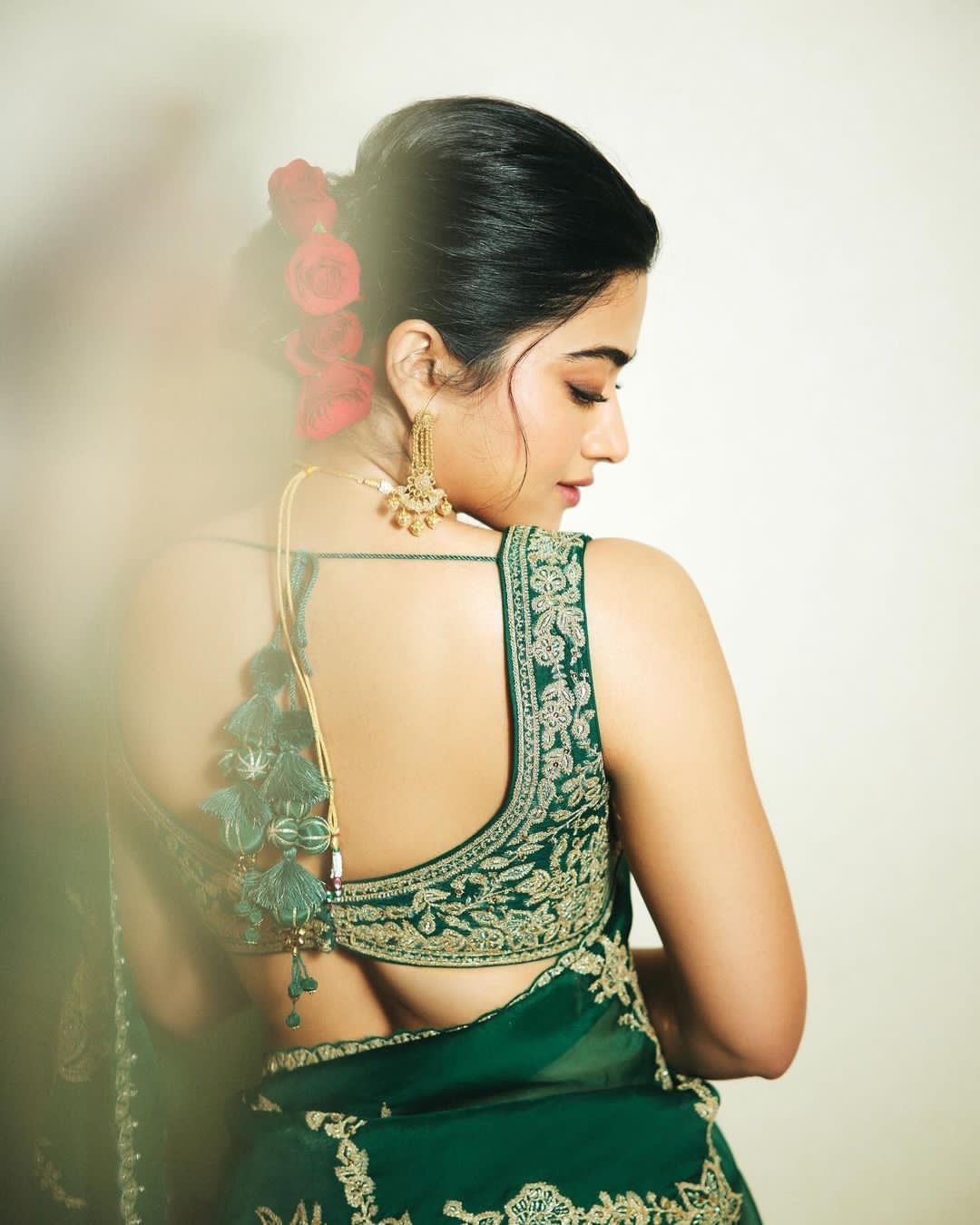 Trending Bollywood Star Rashmika Mandanna Inspired Green Organza Sequence Saree