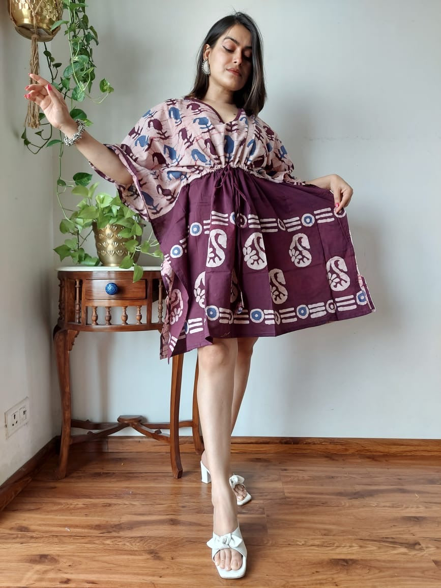 Hand Block Printed Free-Size Short Kaftan Dress