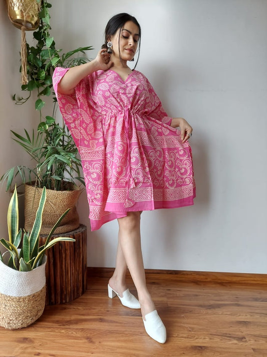 Hand Block Printed Free-Size Short Kaftan Dress