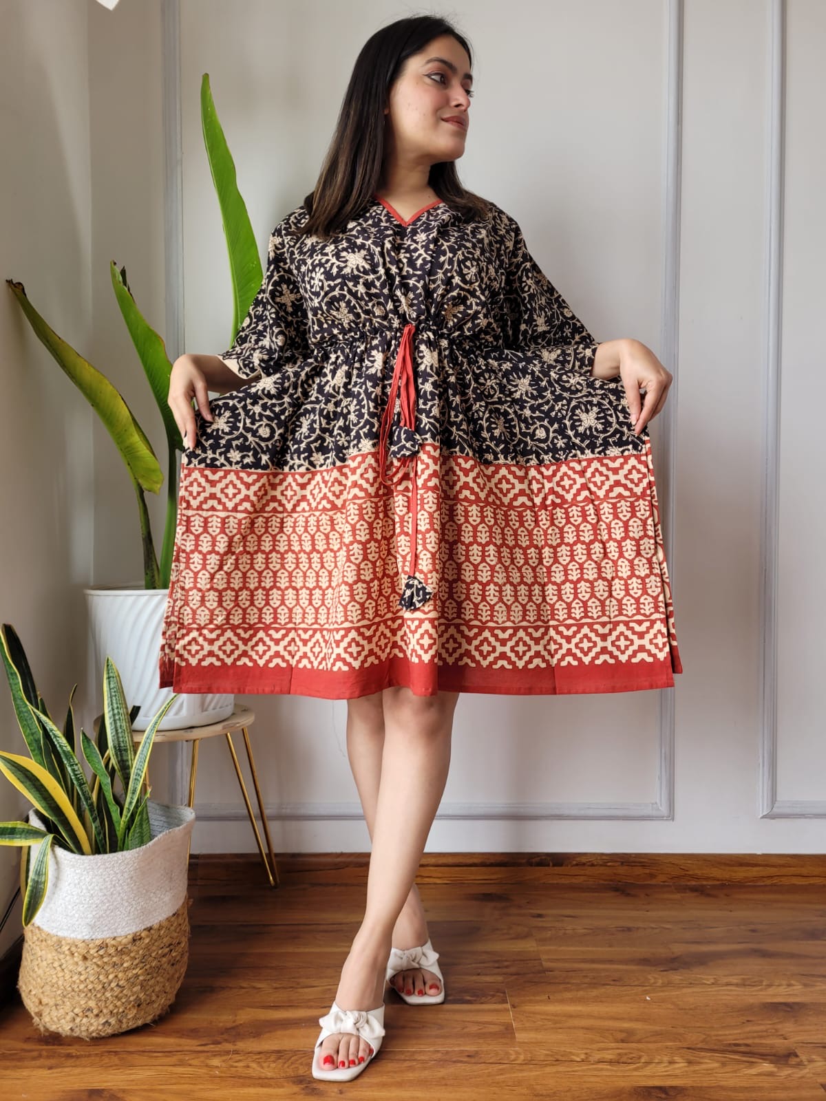 Hand Block Printed Free-Size Short Kaftan Dress