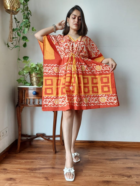 Hand Block Printed Free-Size Short Kaftan Dress