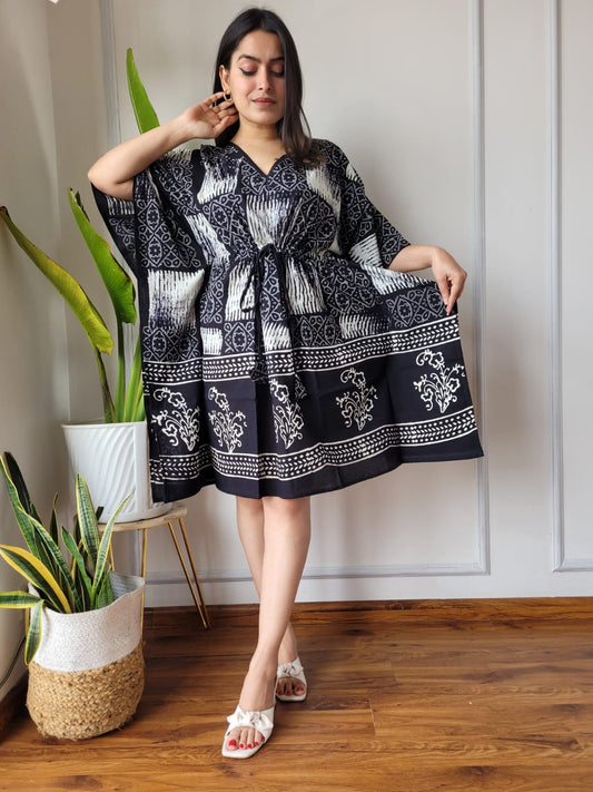 Hand Block Printed Free-Size Short Kaftan Dress