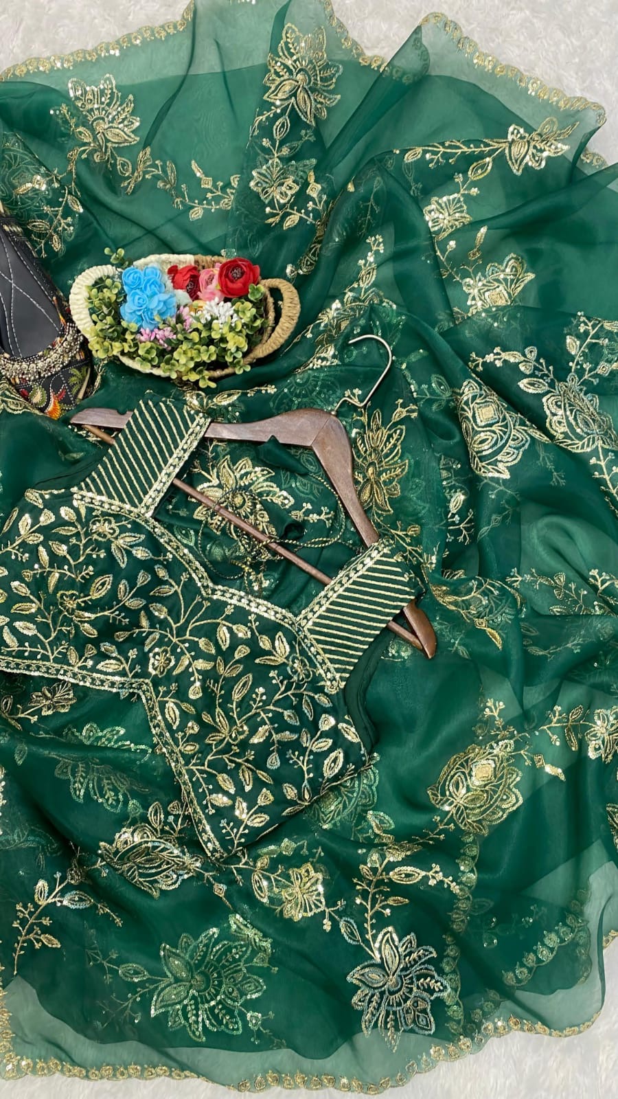 Trending Bollywood Star Rashmika Mandanna Inspired Green Organza Sequence Saree