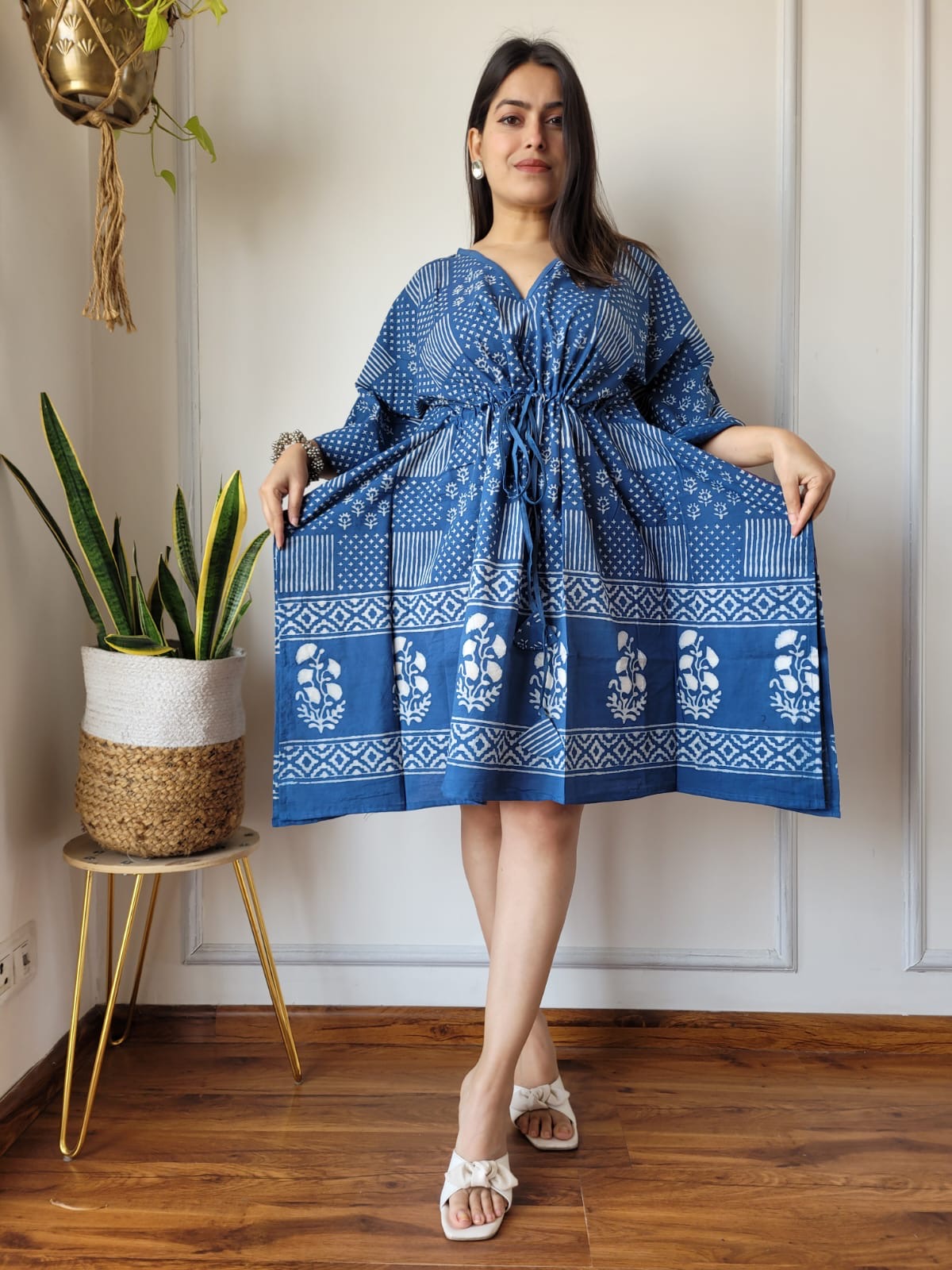 Hand Block Printed Free-Size Short Kaftan Dress