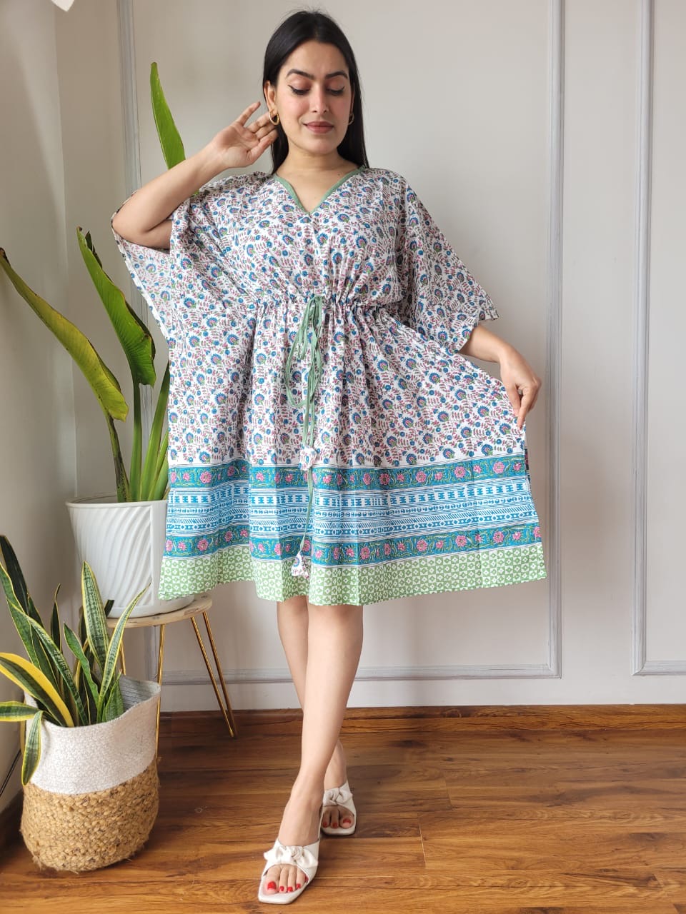 Hand Block Printed Free-Size Short Kaftan Dress