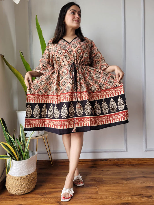 Hand Block Printed Free-Size Short Kaftan Dress