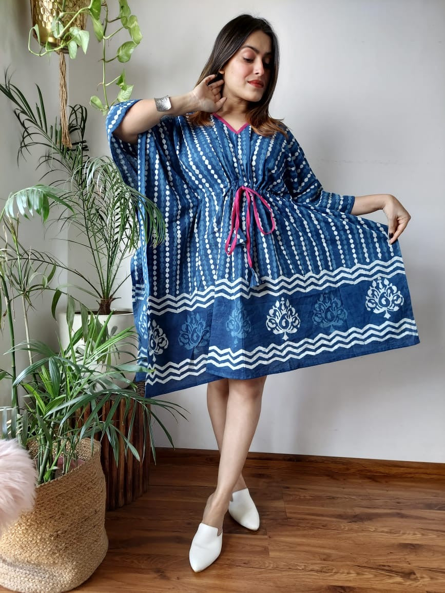 Hand Block Printed Free-Size Short Kaftan Dress