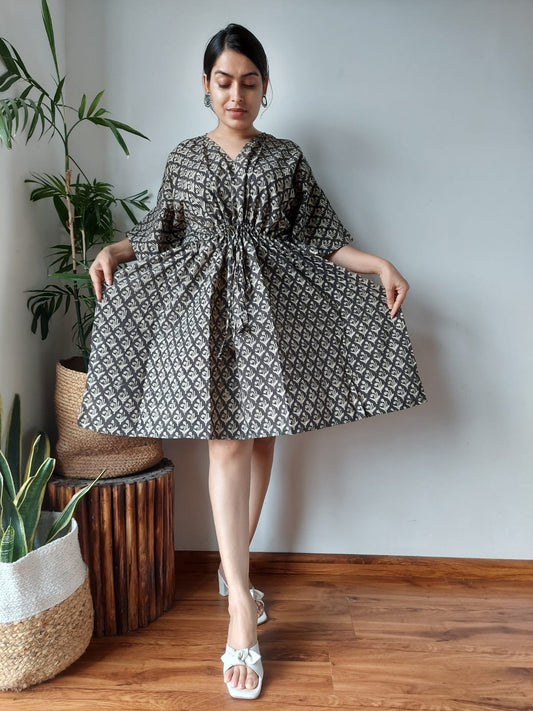 Hand Block Printed Free-Size Short Kaftan Dress