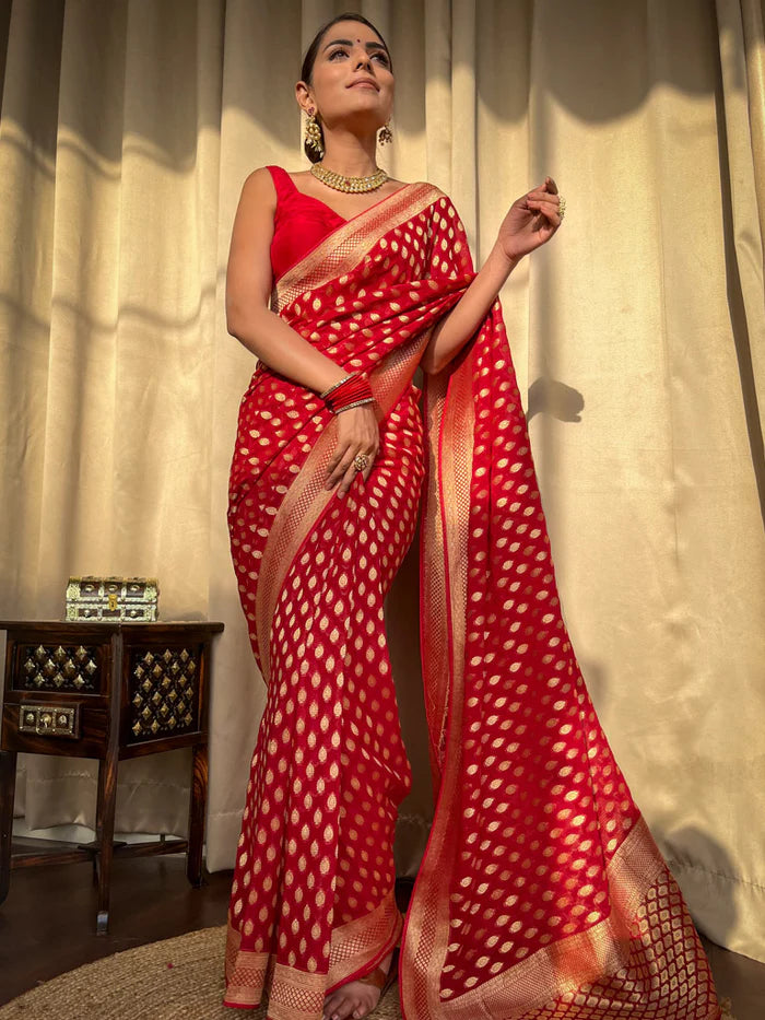 Scarlet Red Banarasi Khaddi Weaved Georgette Saree