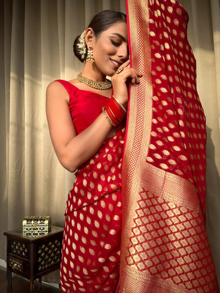 Scarlet Red Banarasi Khaddi Weaved Georgette Saree