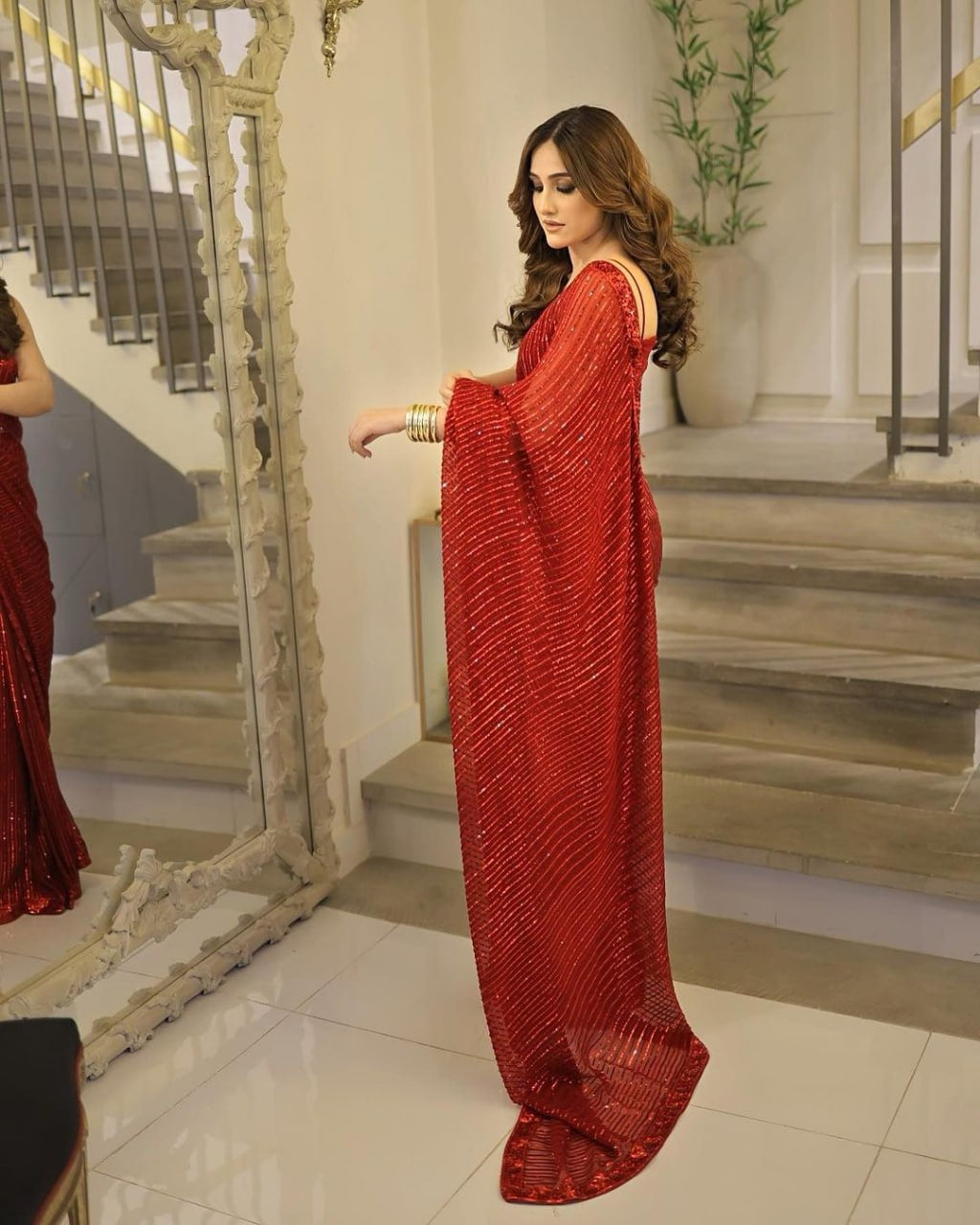 Heavy Georgette Red Saree with Dual Sequin Embroidery