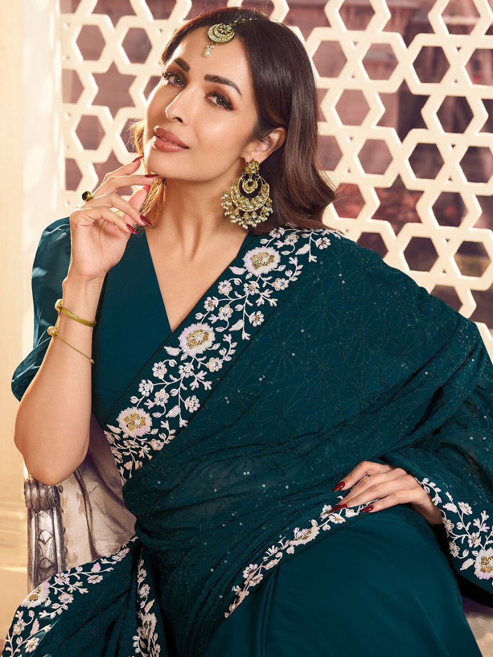 Bollywood Celebrity-Inspired Bottle Green Saree