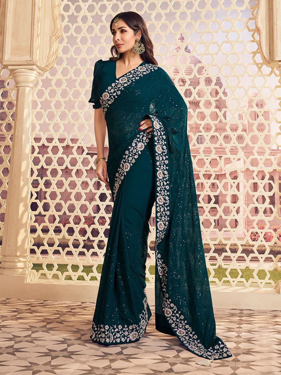 Bollywood Celebrity-Inspired Bottle Green Saree