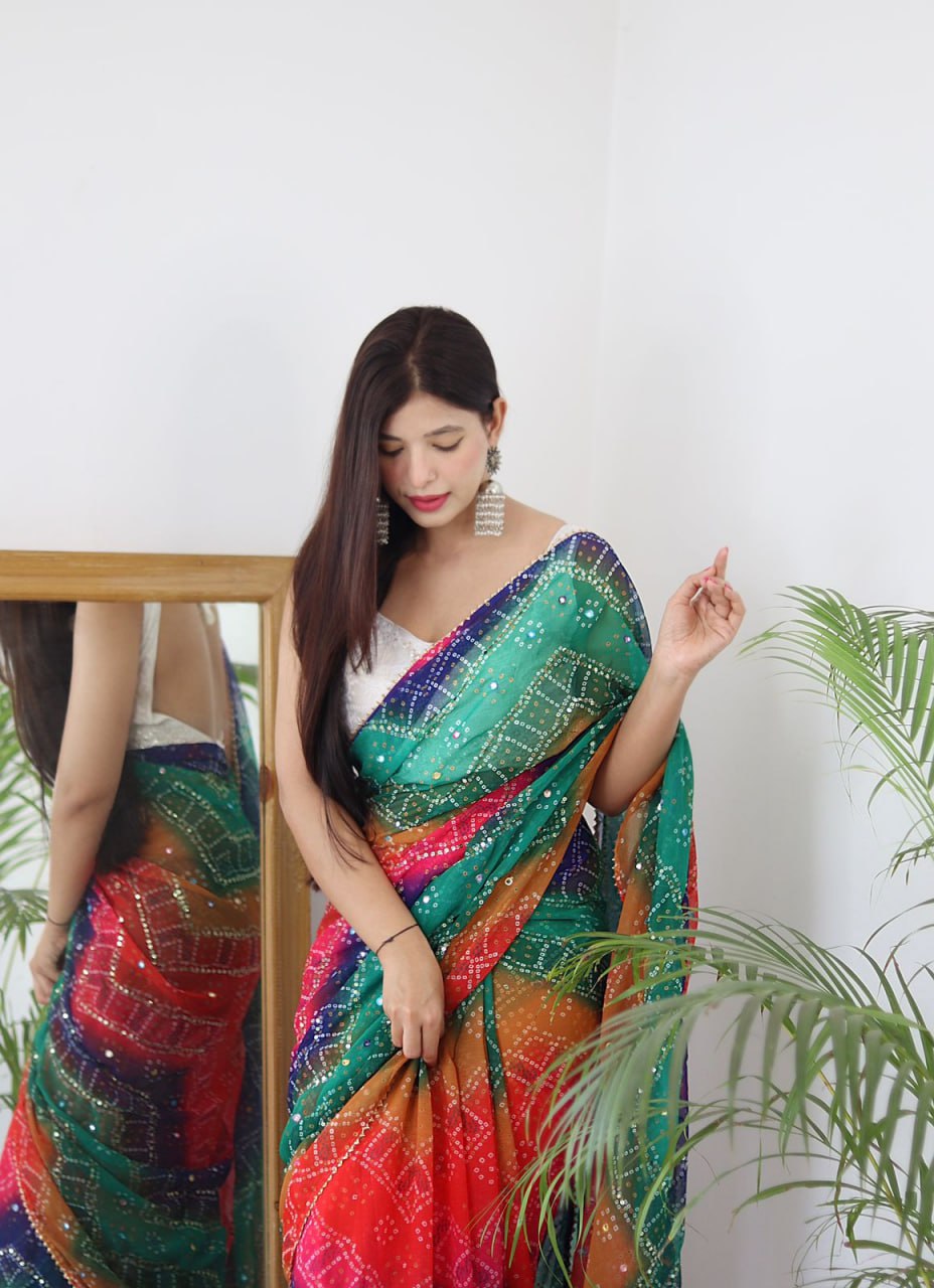 Soft Moss Chiffon Saree with Multicolour Bandhani Print
