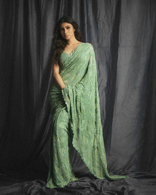 Celebrity Inspired Faux Georgette Green Saree