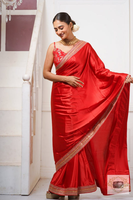 Red Heavy Japan Satin Silk Saree