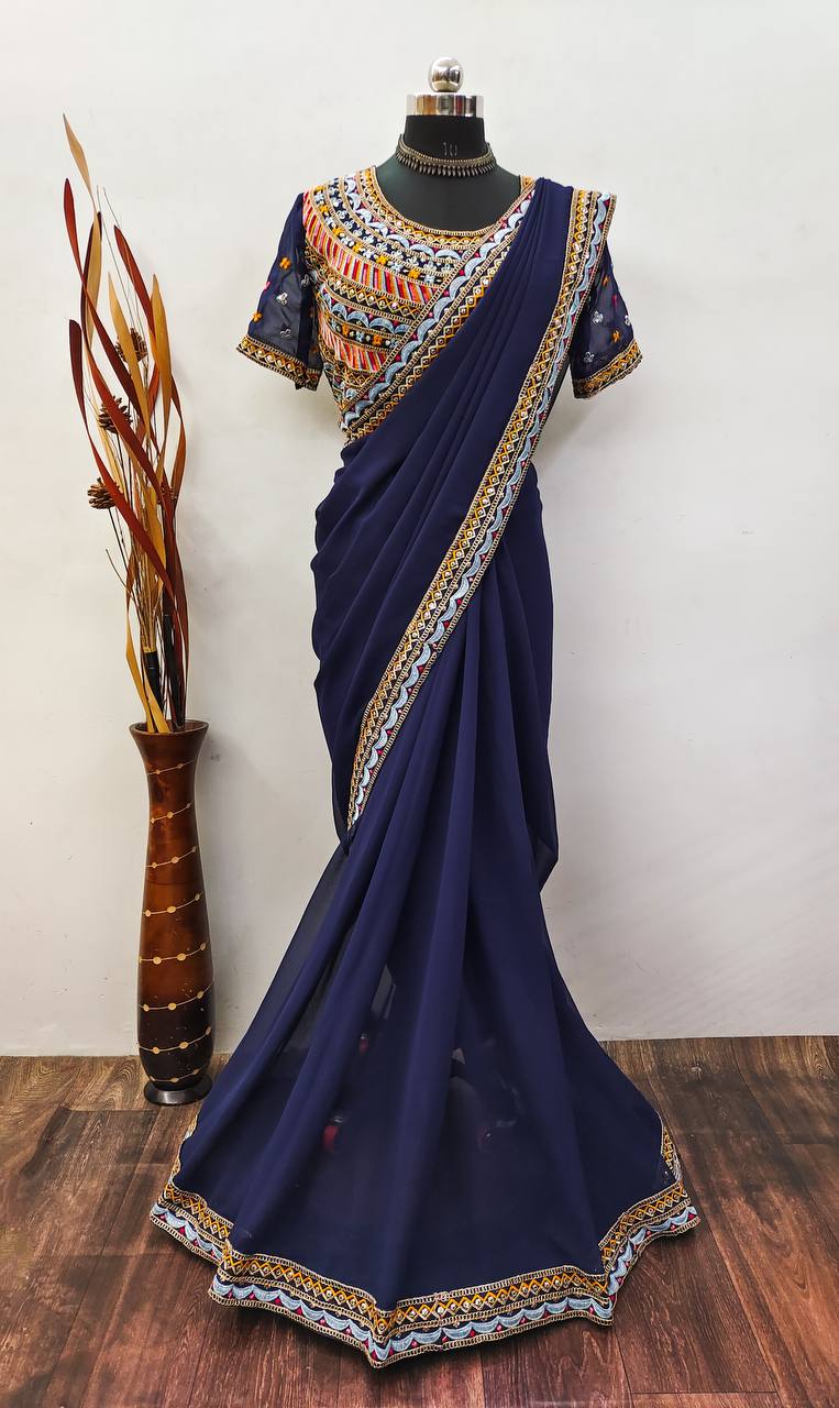 Elegant Navy Blue Ready-to-Wear Saree Ensemble