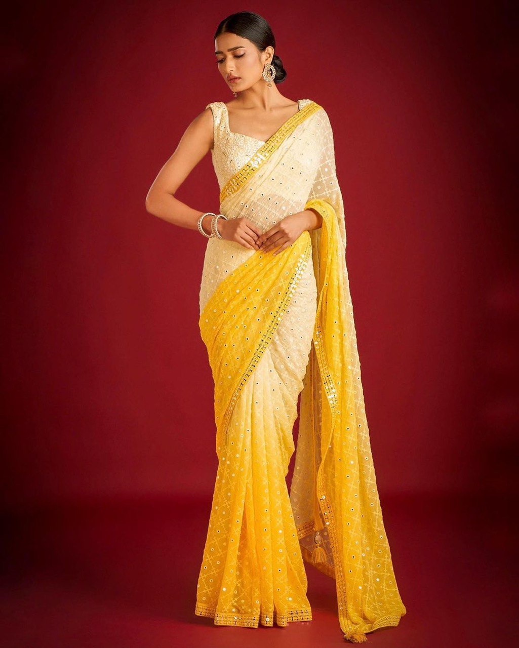 Celebrity Inspired Fox Georgette Half-Half Saree