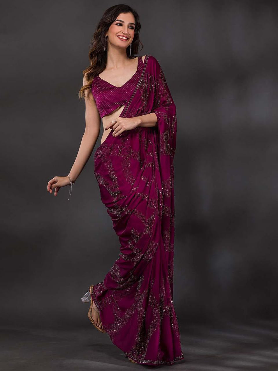 Elegant Wine Color Poly Crape Saree with Designer Blouse