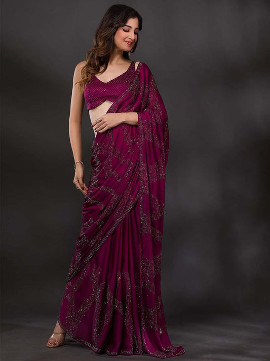 Elegant Wine Color Poly Crape Saree with Designer Blouse