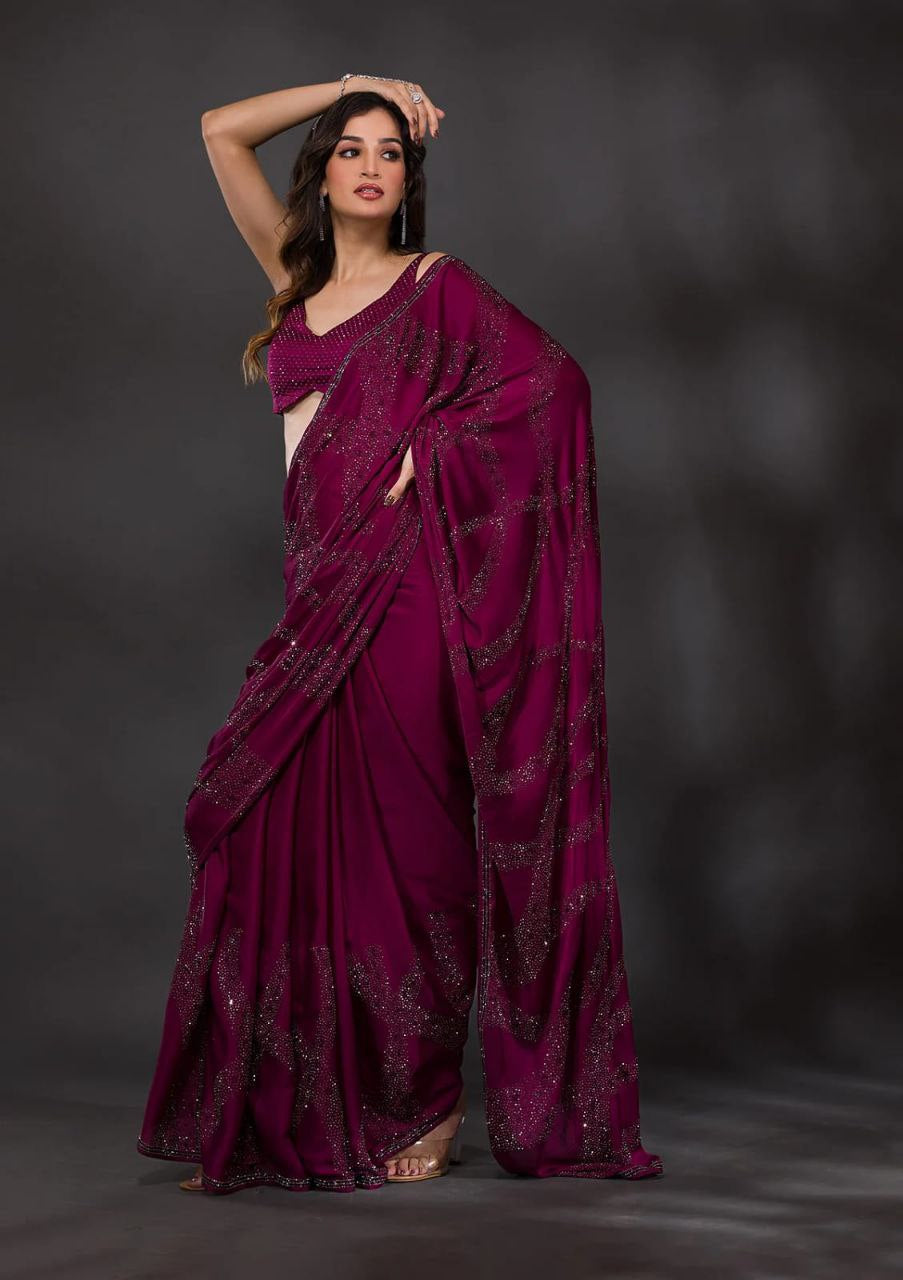 Elegant Wine Color Poly Crape Saree with Designer Blouse