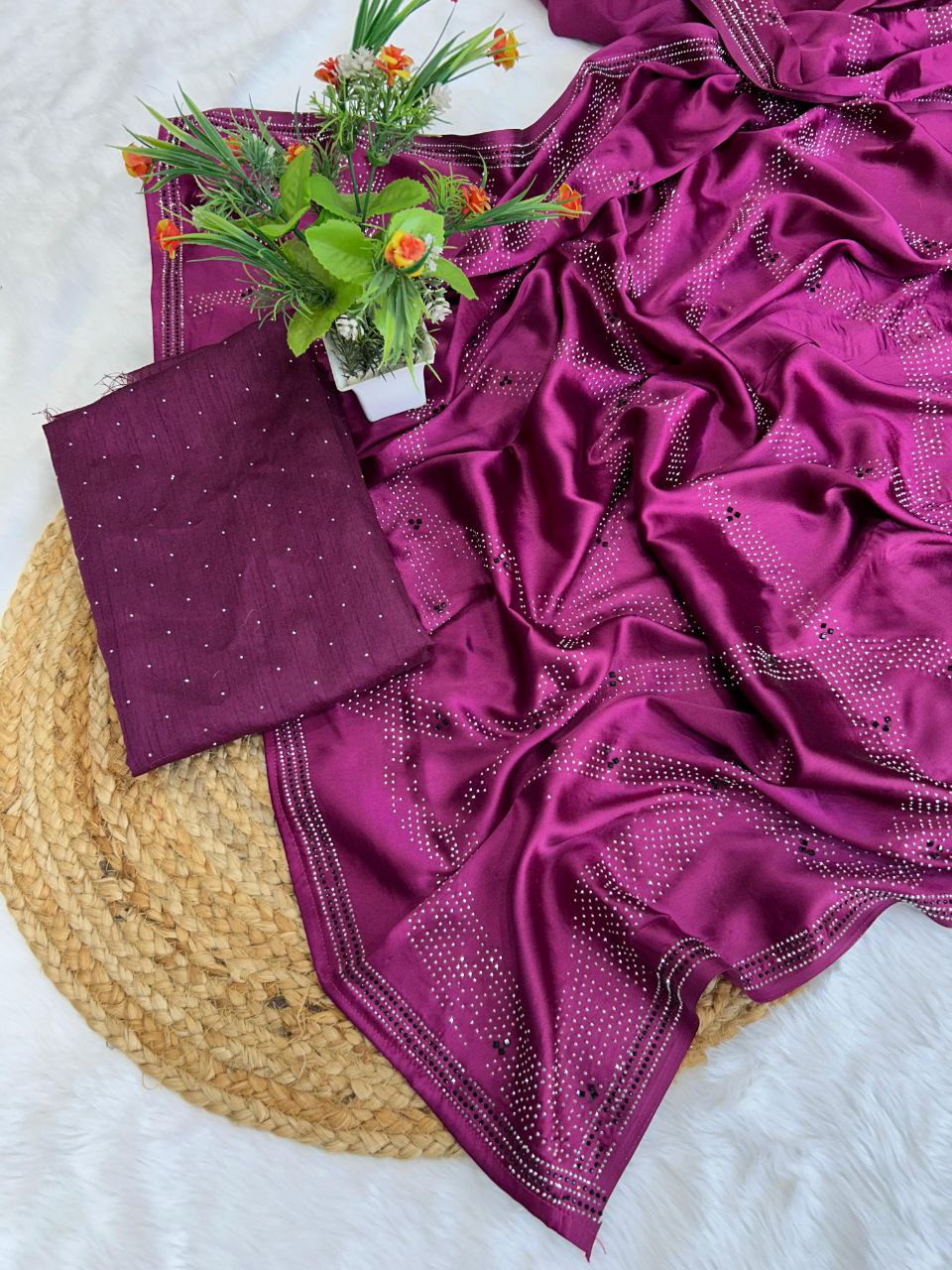 Elegant Wine Color Poly Crape Saree with Designer Blouse