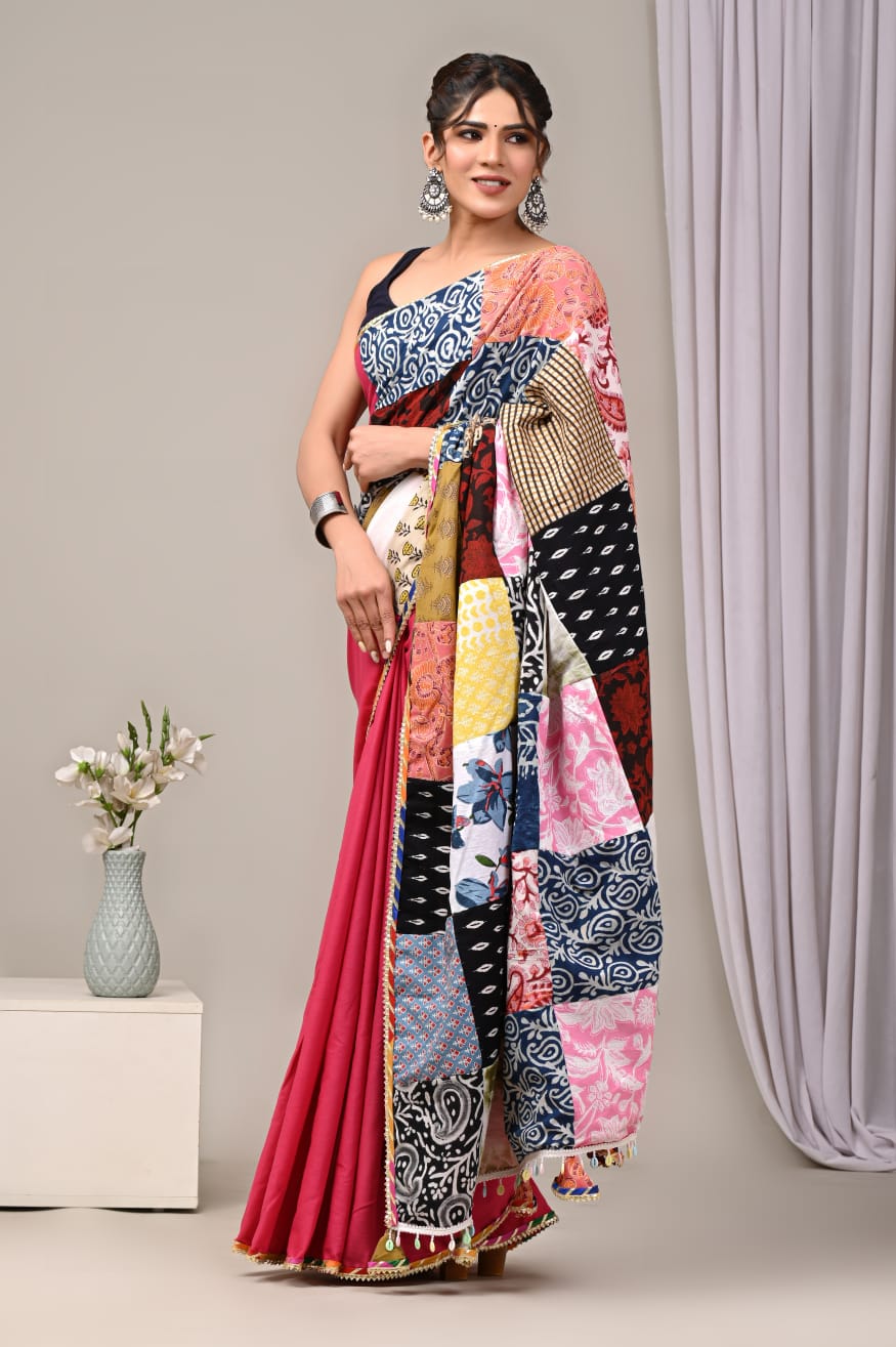 Pure Cotton Saree with Vibrant Patchwork