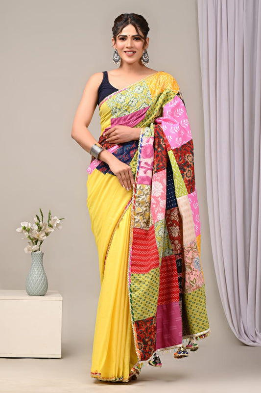 Pure Cotton Saree with Vibrant Patchwork