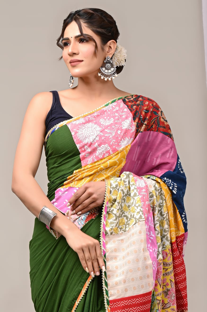 Pure Cotton Saree with Vibrant Patchwork