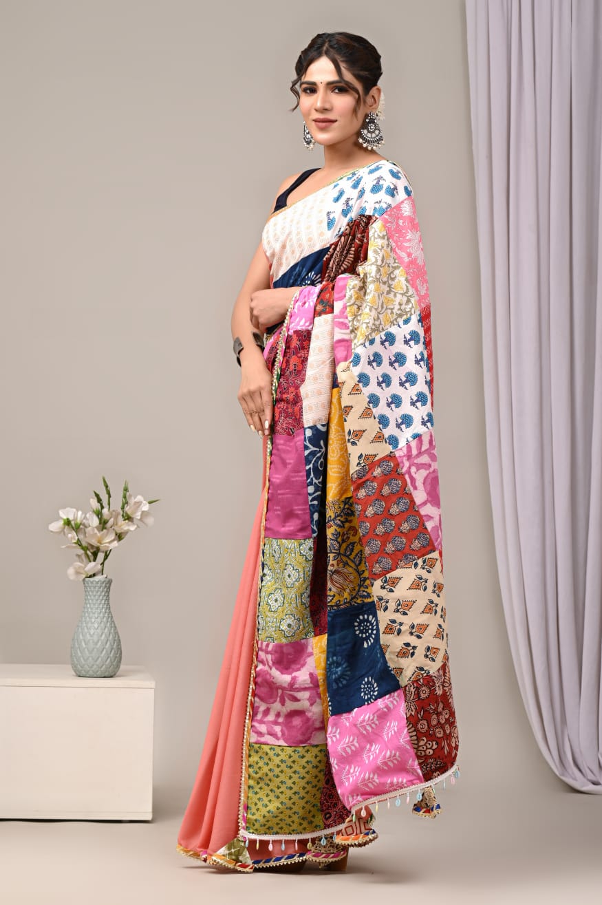 Pure Cotton Saree with Vibrant Patchwork