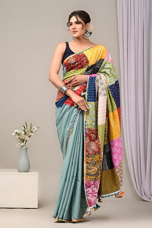 Pure Cotton Saree with Vibrant Patchwork