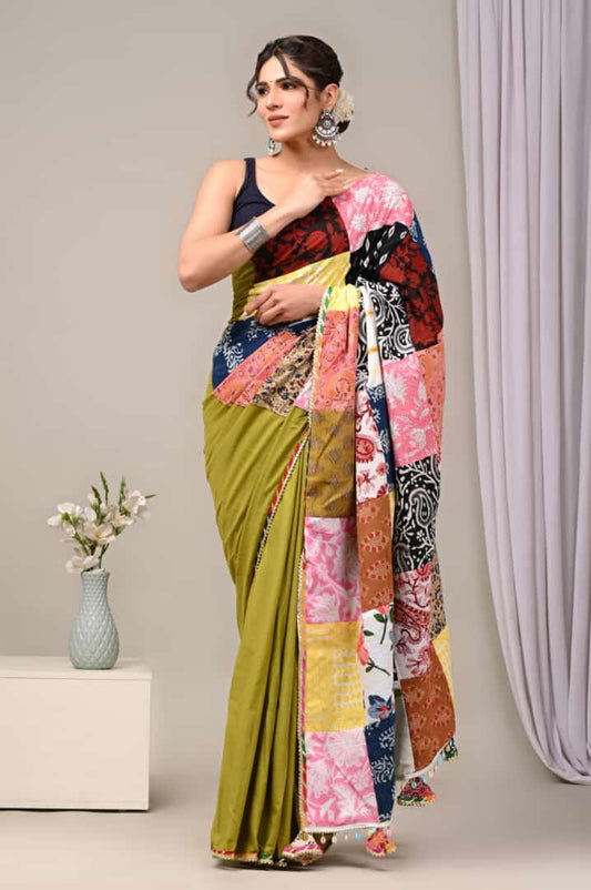 Pure Cotton Saree with Vibrant Patchwork