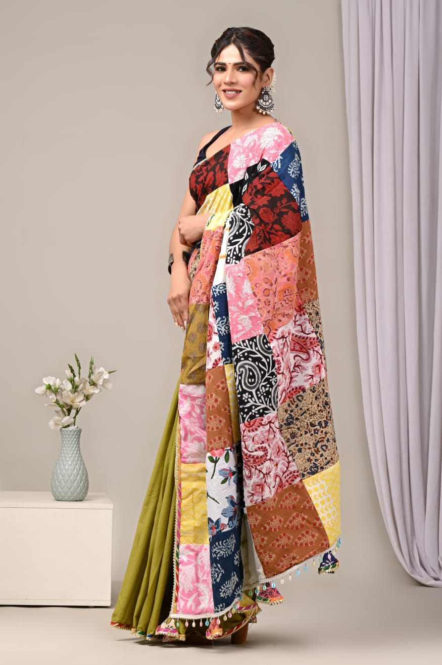 Pure Cotton Saree with Vibrant Patchwork