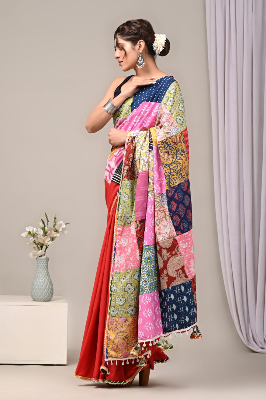 Pure Cotton Saree with Vibrant Patchwork