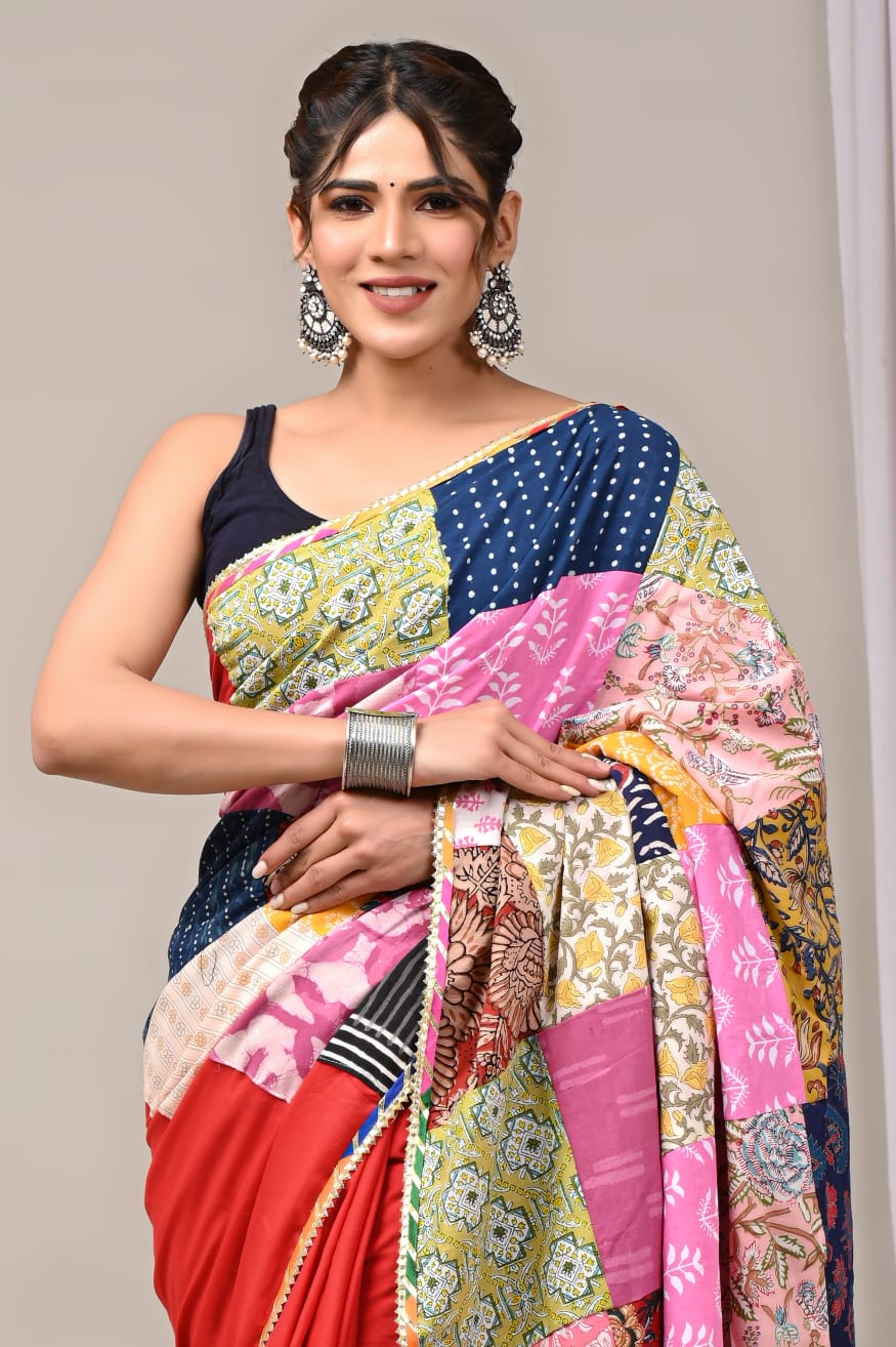 Pure Cotton Saree with Vibrant Patchwork