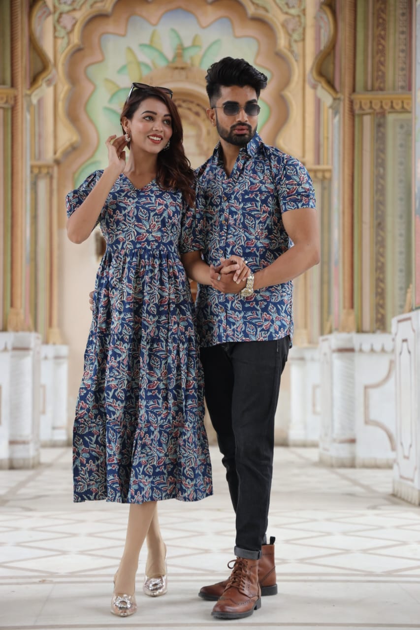 Bagru Hand Block Printed Cotton Frill One-Piece Dress with a Matching Shirt