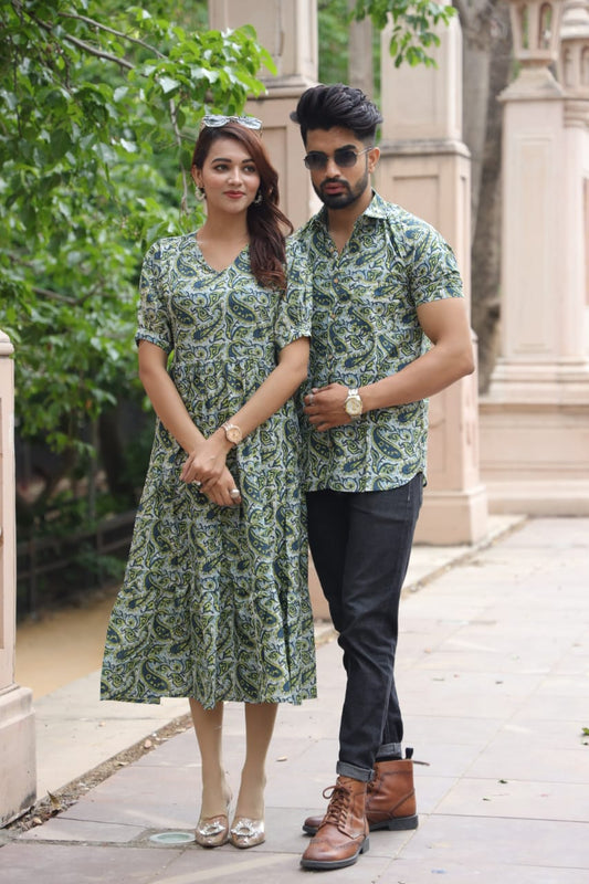 Bagru Hand Block Printed Cotton Frill One-Piece Dress with a Matching Shirt