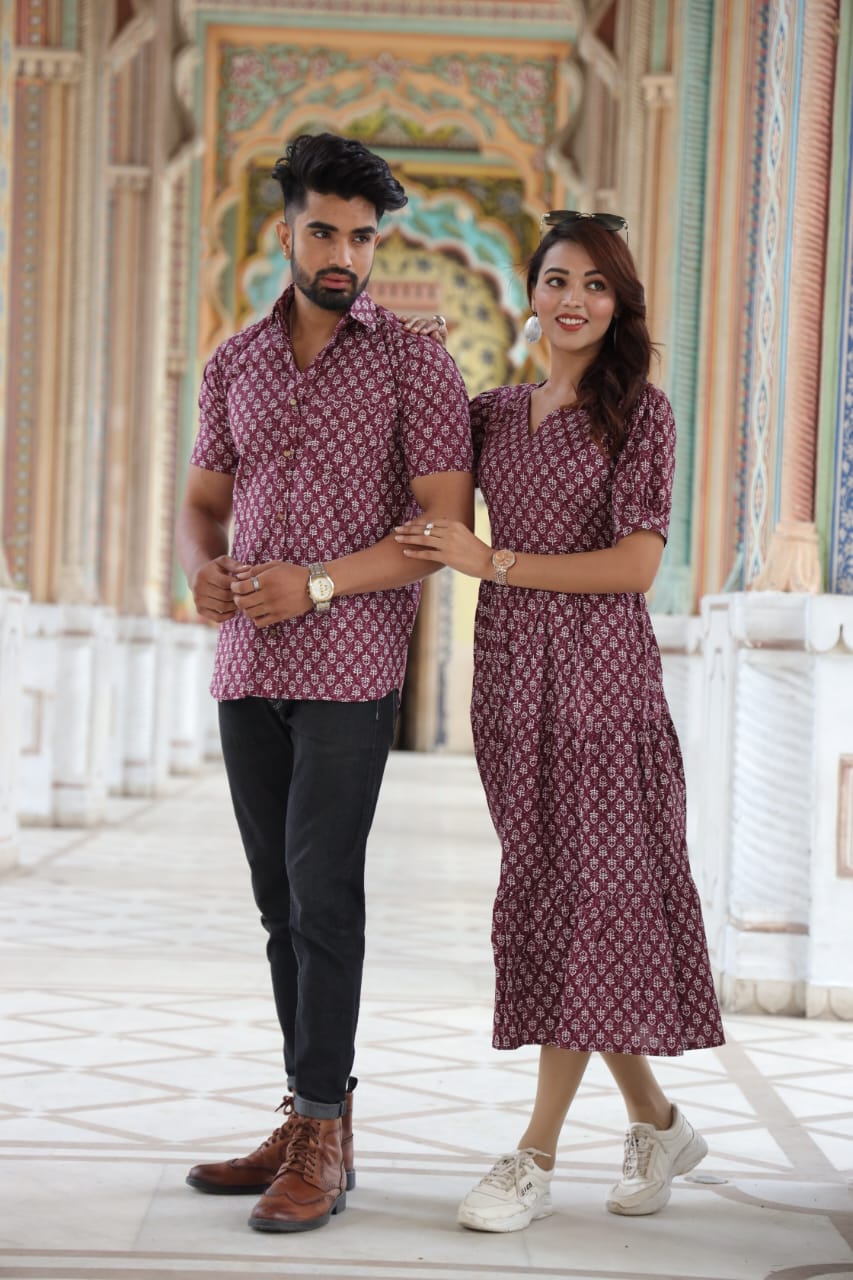 Bagru Hand Block Printed Cotton Frill One-Piece Dress with a Matching Shirt