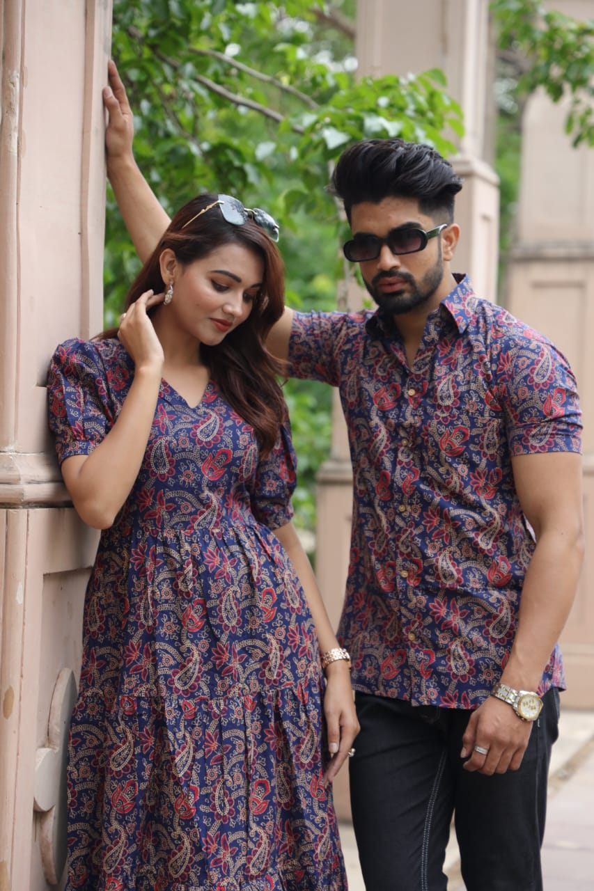 Bagru Hand Block Printed Cotton Frill One-Piece Dress with a Matching Shirt