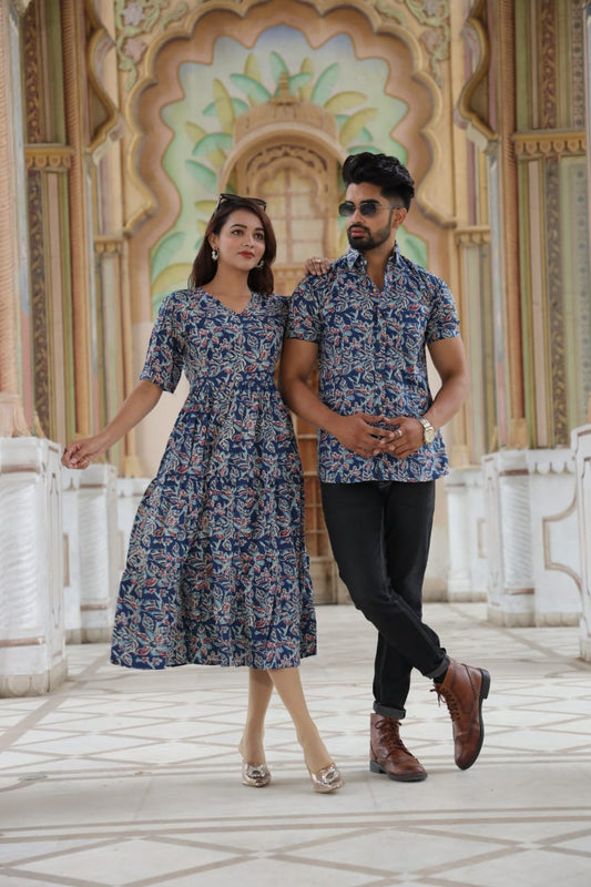 Bagru Hand Block Printed Cotton Frill One-Piece Dress with a Matching Shirt