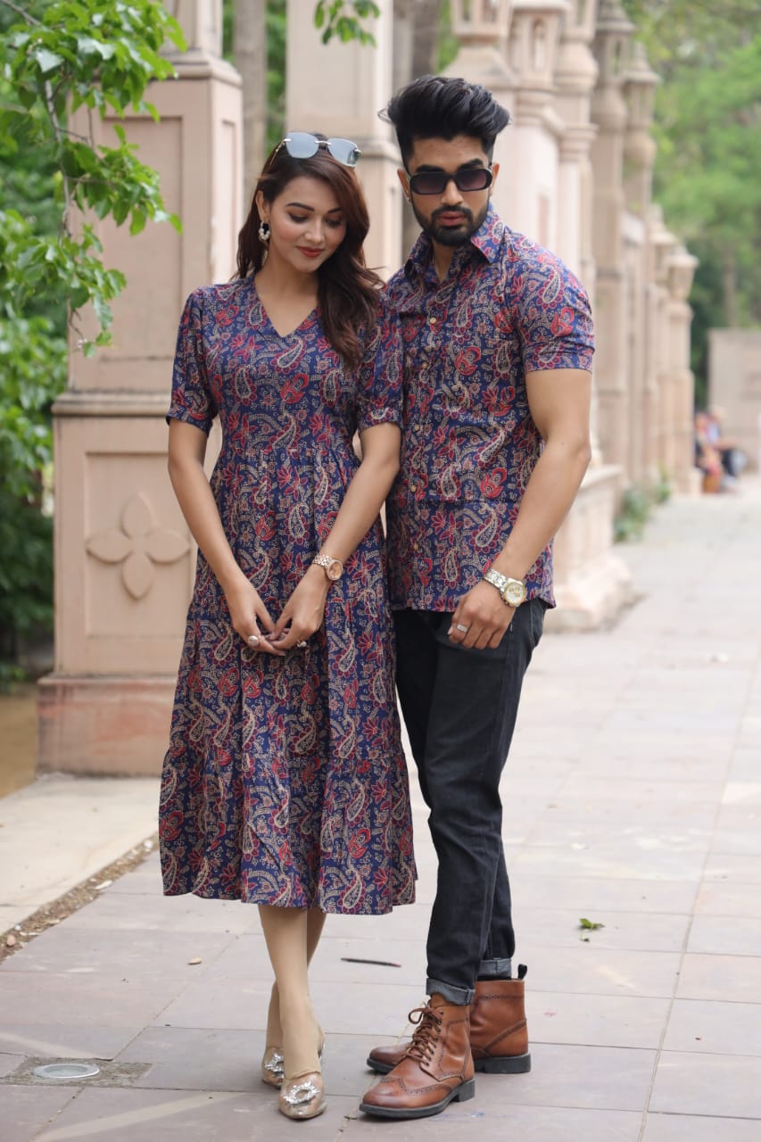 Bagru Hand Block Printed Cotton Frill One-Piece Dress with a Matching Shirt