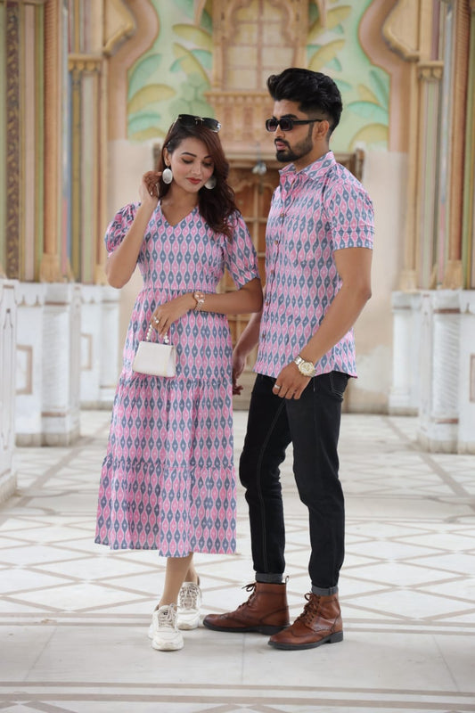 Bagru Hand Block Printed Cotton Frill One-Piece Dress with a Matching Shirt