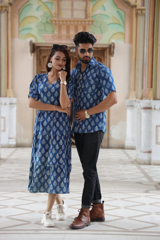 Bagru Hand Block Printed Cotton Frill One-Piece Dress with a Matching Shirt